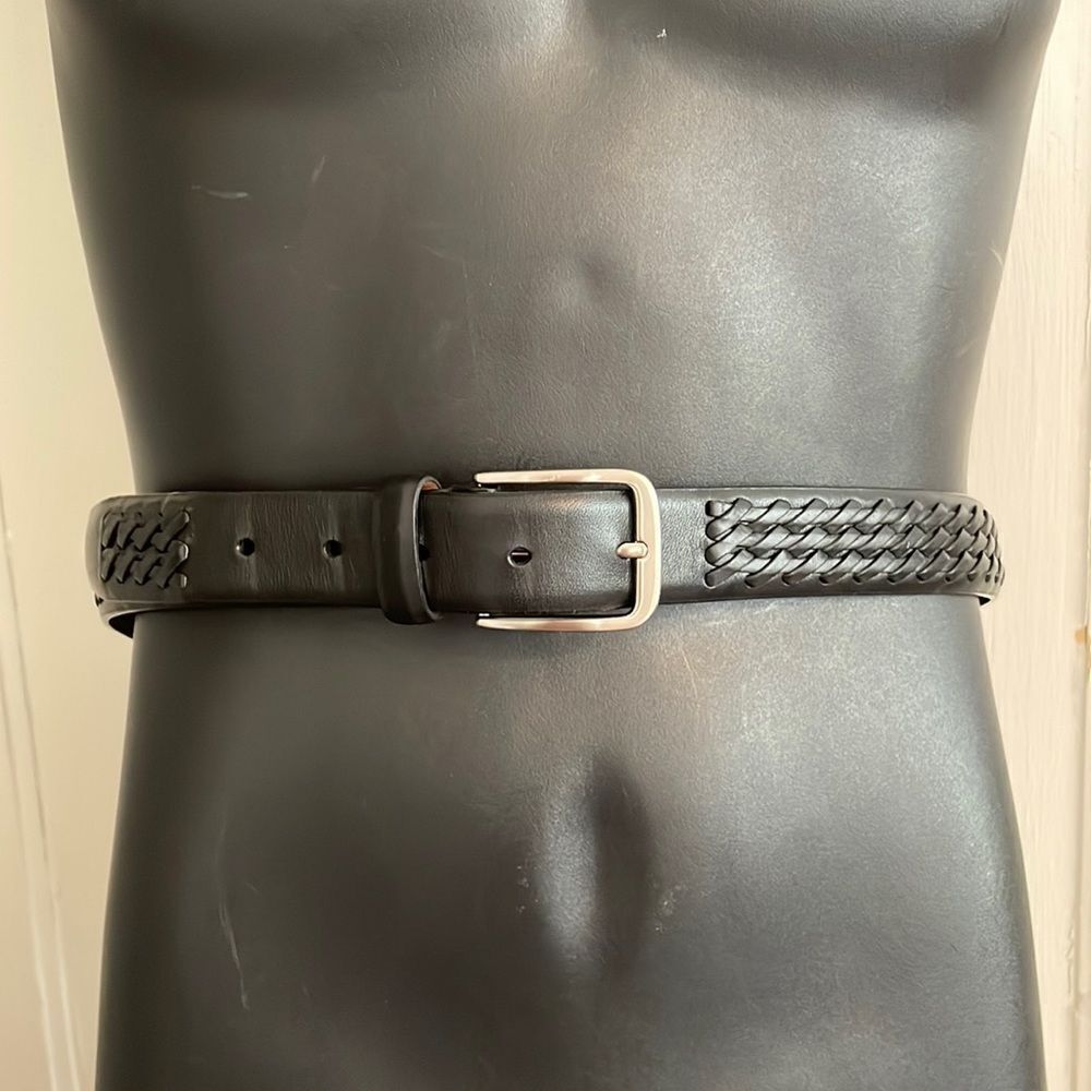 George black leather woven look belt‎